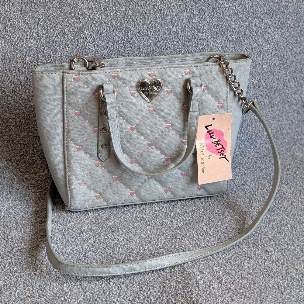Betsey Johnson Naomi Quilted Satchel Bag Gray Pink Embroidered Hearts NWT